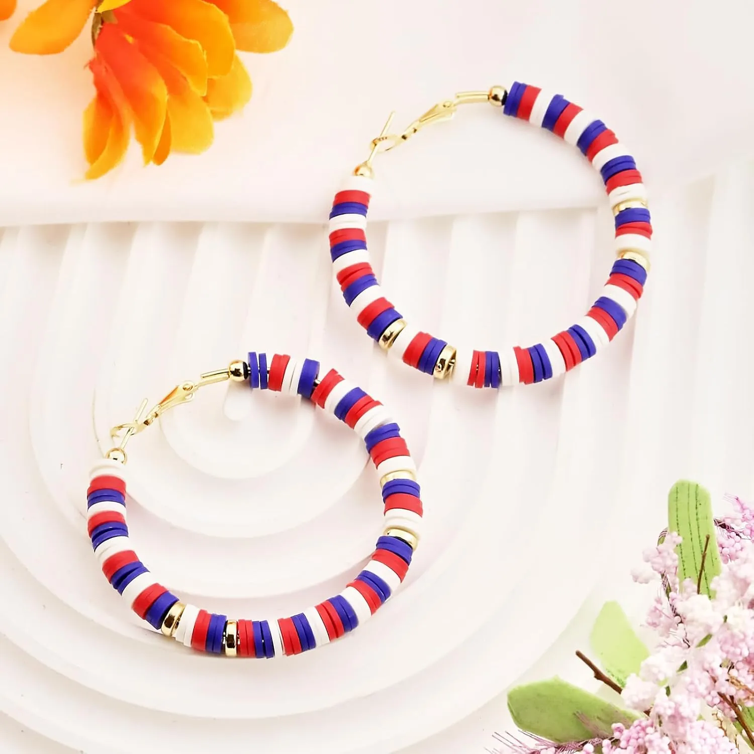 4th of July Earrings for Women Patriotic Earrings Independence Day Hoop Beaded Earrings Red White and Blue American Flag Earrings for Women Lightweight Holiday Jewelry