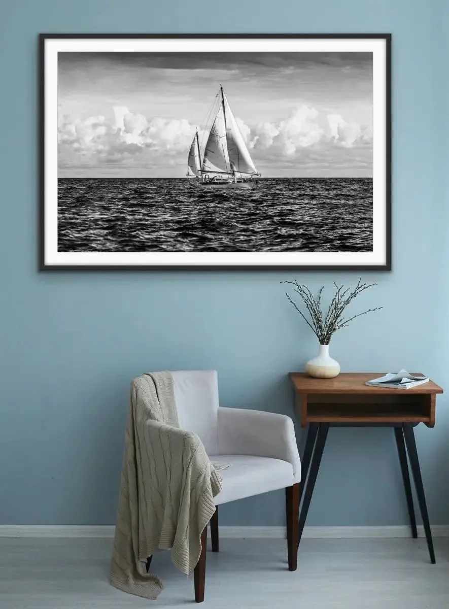 A Day On the Ocean - Black and White Yacht Sailing Photographic Canvas or Art Print