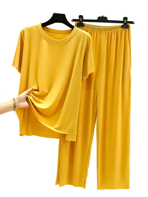 Casual Loose Short Sleeves Elasticity Solid Color Round-Neck Pajamas Set