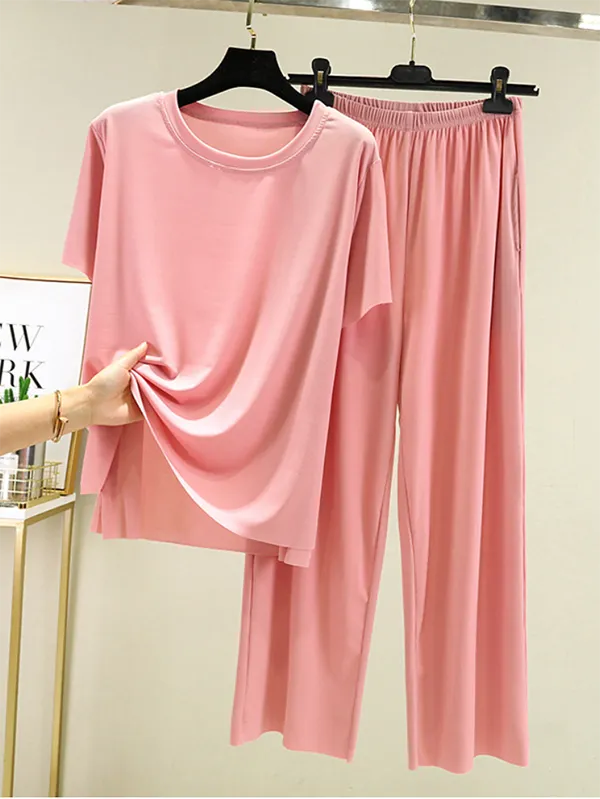 Casual Loose Short Sleeves Elasticity Solid Color Round-Neck Pajamas Set