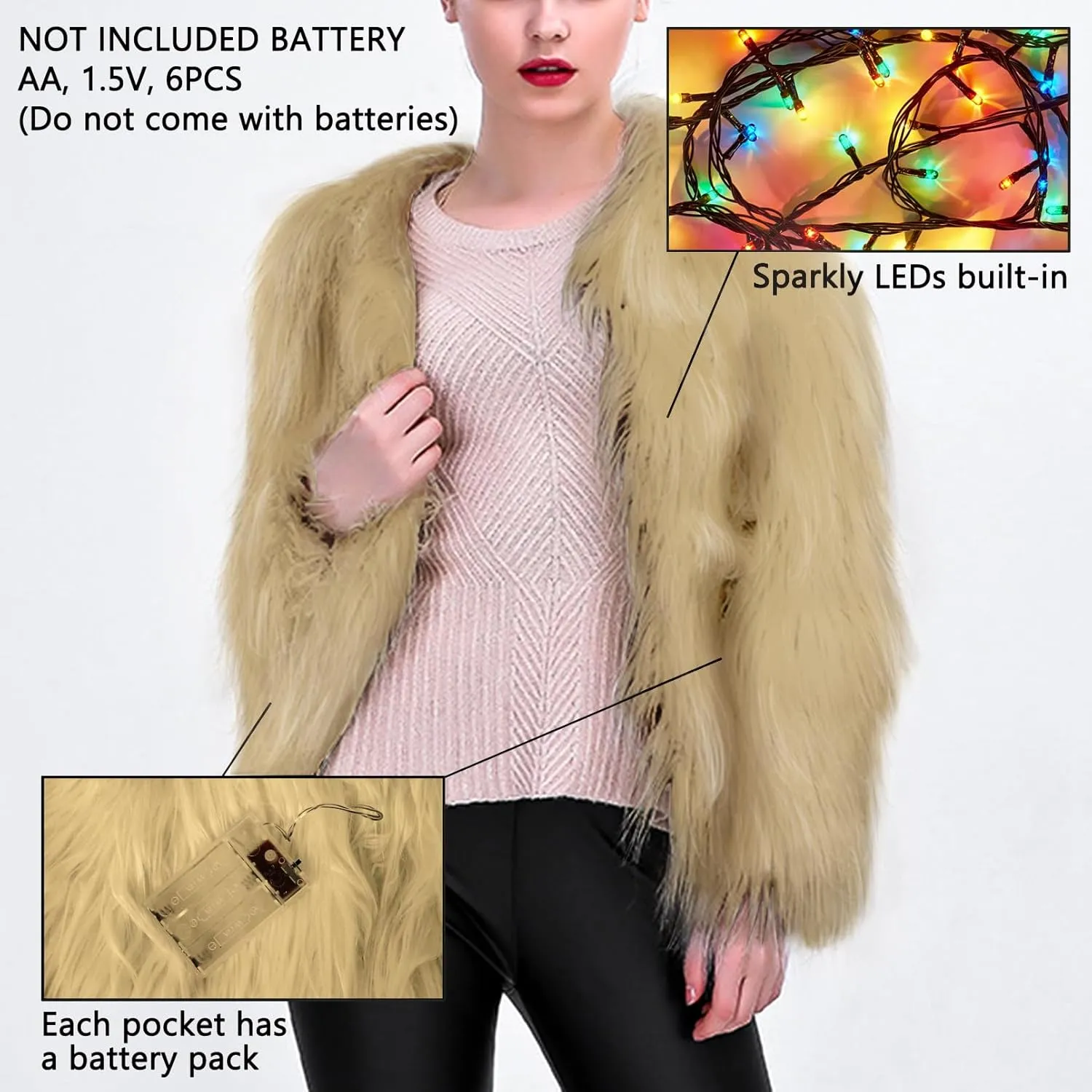 DreamsEden LED Fur Jacket Light Up Coat, Cool Fun Flashing Glow Costume for Rave Party