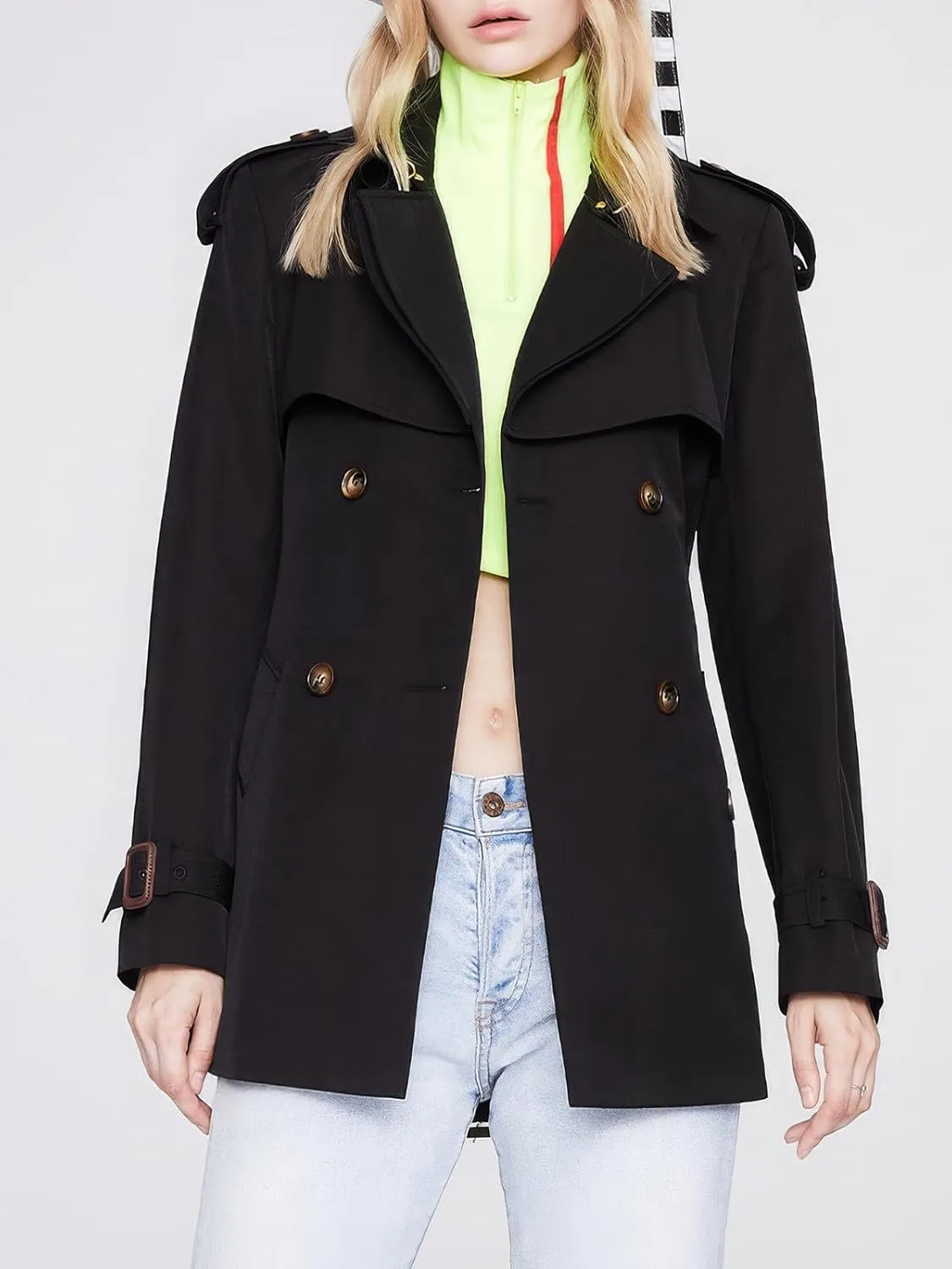ebossy Women's Short Double Breasted Trench Coat Classic Lapel Belted Slim Fit Overcoat with Pockets