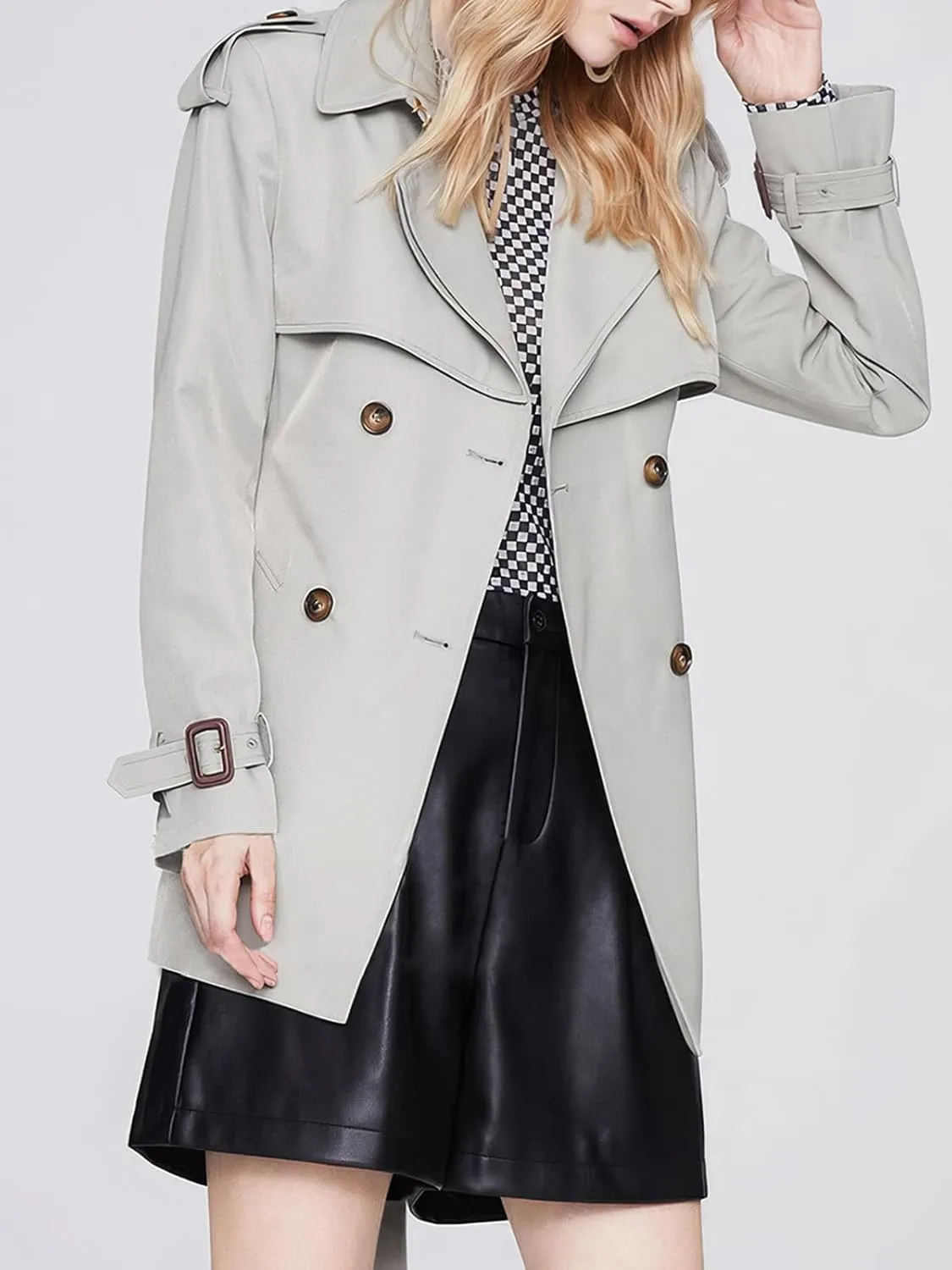 ebossy Women's Short Double Breasted Trench Coat Classic Lapel Belted Slim Fit Overcoat with Pockets
