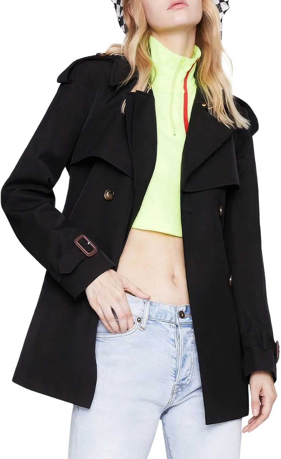 ebossy Women's Short Double Breasted Trench Coat Classic Lapel Belted Slim Fit Overcoat with Pockets