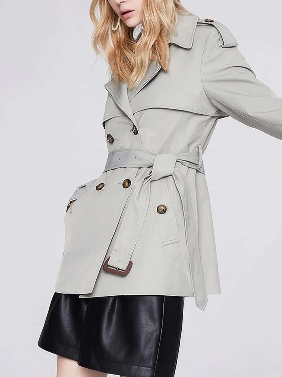 ebossy Women's Short Double Breasted Trench Coat Classic Lapel Belted Slim Fit Overcoat with Pockets