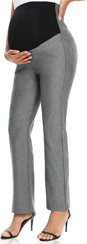 Foucome Women's Maternity Pants Comfy Stretch Dress Work Pants Straight Leg Pregnancy Slacks with Pockets