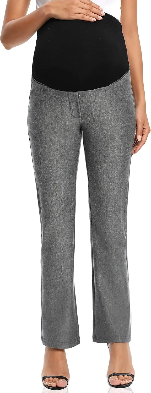 Foucome Women's Maternity Pants Comfy Stretch Dress Work Pants Straight Leg Pregnancy Slacks with Pockets