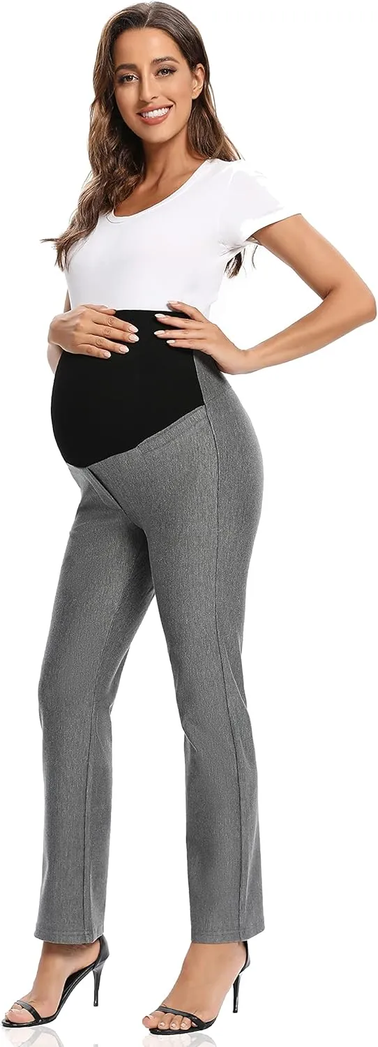 Foucome Women's Maternity Pants Comfy Stretch Dress Work Pants Straight Leg Pregnancy Slacks with Pockets