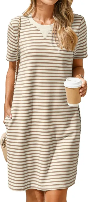 Glamaker Women Summer Tshirt Shift Dress Casual Striped Short Sleeve Crew Neck Knee Length Comfy Dress with Pockets