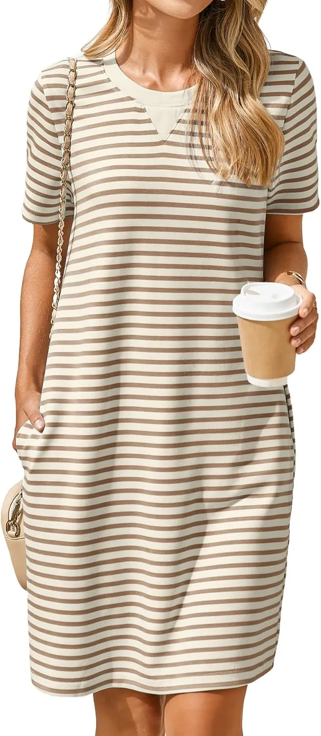 Glamaker Women Summer Tshirt Shift Dress Casual Striped Short Sleeve Crew Neck Knee Length Comfy Dress with Pockets