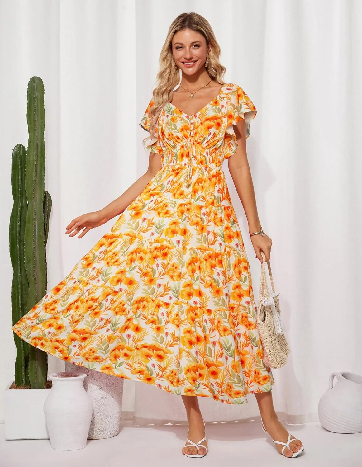 GRACE KARIN Womens 2025 Floral Summer V-Neck Ruffle Sleeve Empire Waist A-Line Casual Maxi Tiered Dress with Pockets