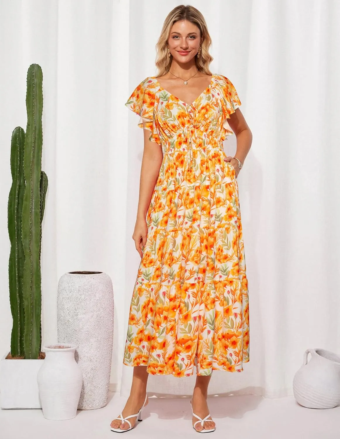 GRACE KARIN Womens 2025 Floral Summer V-Neck Ruffle Sleeve Empire Waist A-Line Casual Maxi Tiered Dress with Pockets