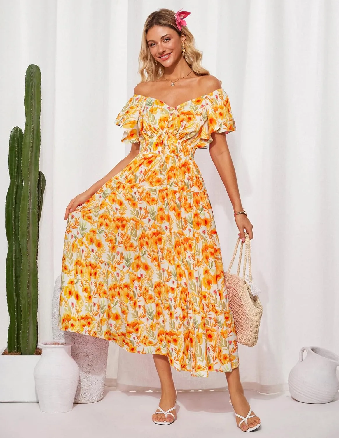 GRACE KARIN Womens 2025 Floral Summer V-Neck Ruffle Sleeve Empire Waist A-Line Casual Maxi Tiered Dress with Pockets