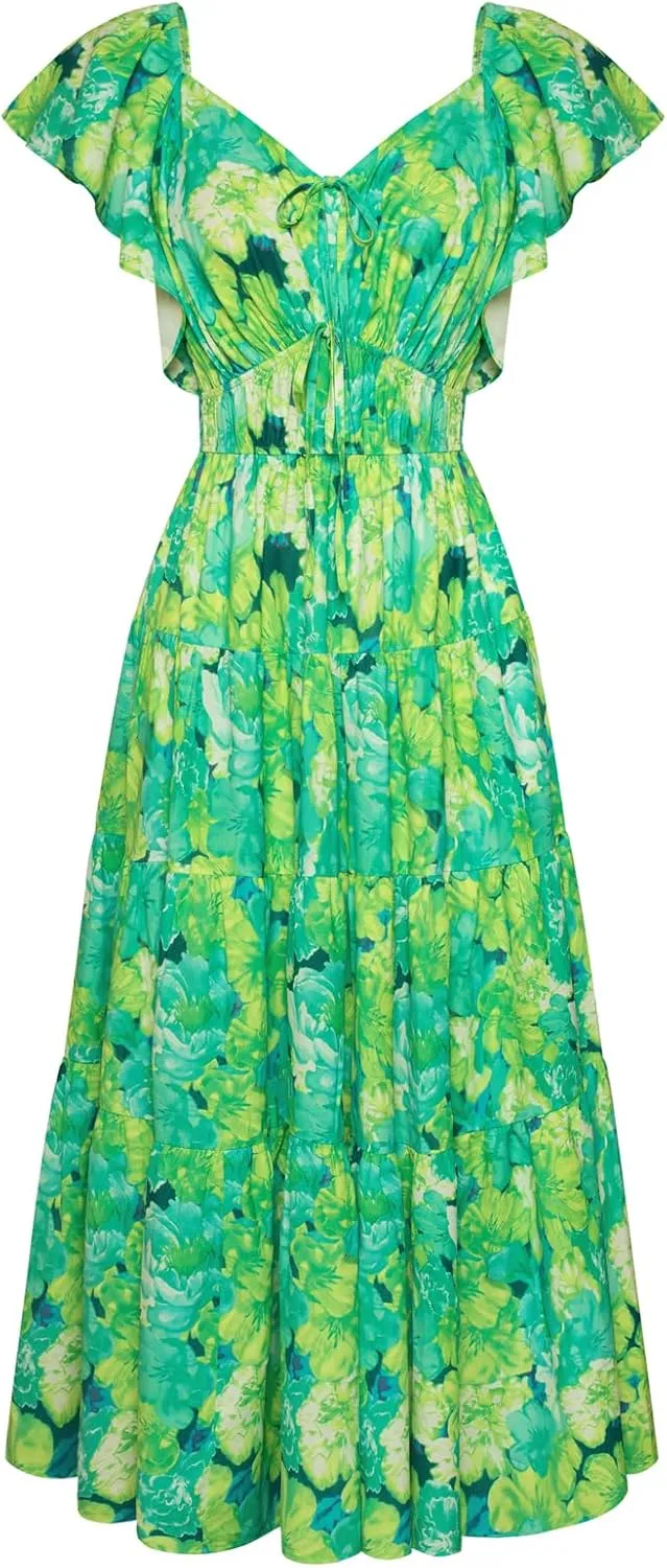 GRACE KARIN Womens 2025 Floral Summer V-Neck Ruffle Sleeve Empire Waist A-Line Casual Maxi Tiered Dress with Pockets
