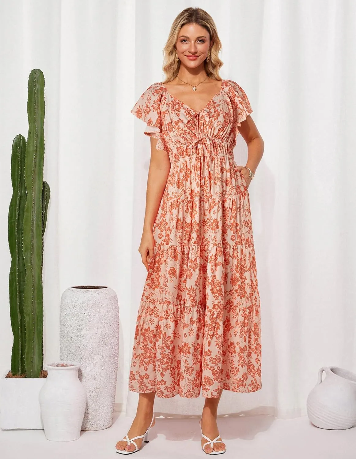 GRACE KARIN Womens 2025 Floral Summer V-Neck Ruffle Sleeve Empire Waist A-Line Casual Maxi Tiered Dress with Pockets
