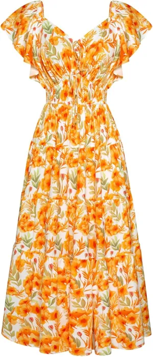 GRACE KARIN Womens 2025 Floral Summer V-Neck Ruffle Sleeve Empire Waist A-Line Casual Maxi Tiered Dress with Pockets