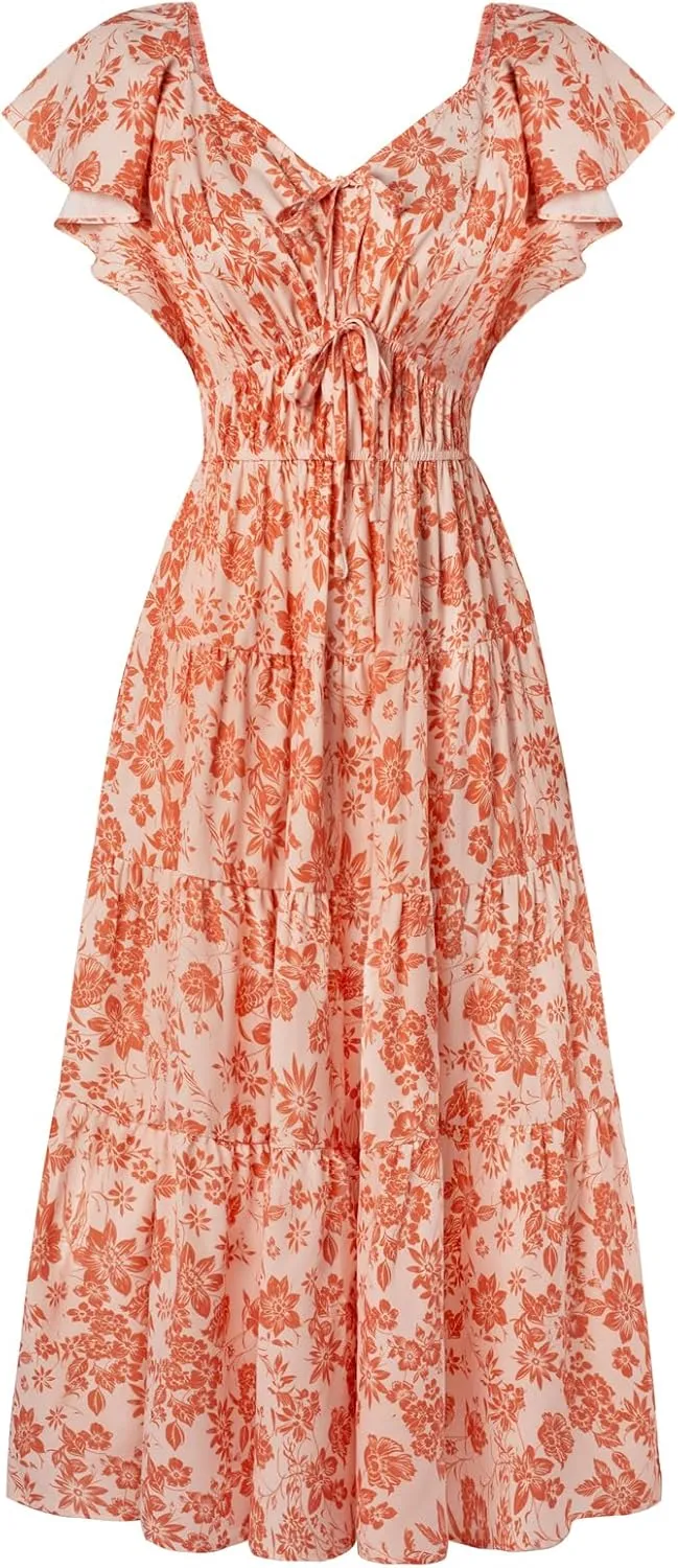 GRACE KARIN Womens 2025 Floral Summer V-Neck Ruffle Sleeve Empire Waist A-Line Casual Maxi Tiered Dress with Pockets