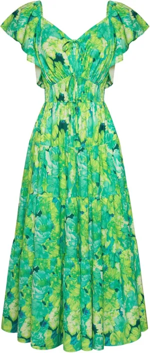 GRACE KARIN Womens 2025 Floral Summer V-Neck Ruffle Sleeve Empire Waist A-Line Casual Maxi Tiered Dress with Pockets
