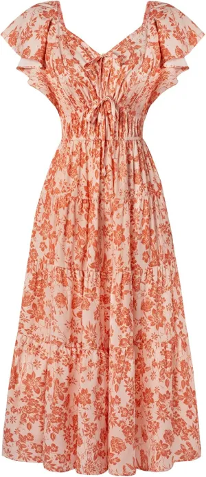 GRACE KARIN Womens 2025 Floral Summer V-Neck Ruffle Sleeve Empire Waist A-Line Casual Maxi Tiered Dress with Pockets