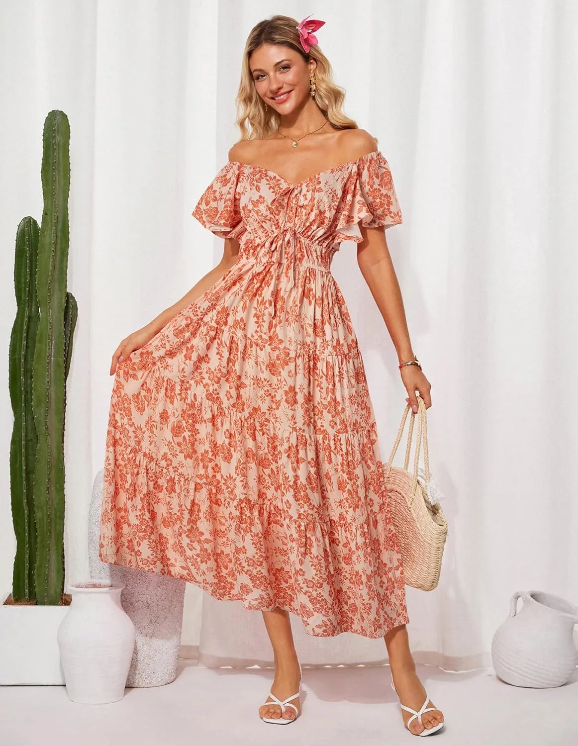 GRACE KARIN Womens 2025 Floral Summer V-Neck Ruffle Sleeve Empire Waist A-Line Casual Maxi Tiered Dress with Pockets