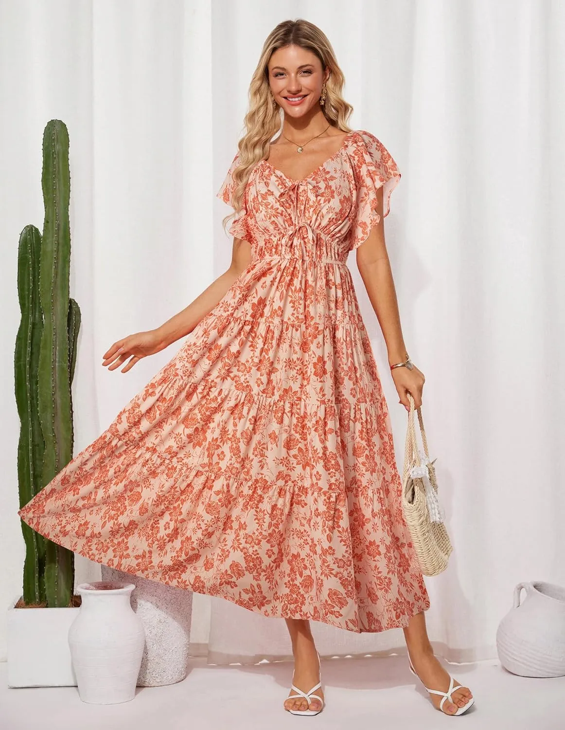 GRACE KARIN Womens 2025 Floral Summer V-Neck Ruffle Sleeve Empire Waist A-Line Casual Maxi Tiered Dress with Pockets