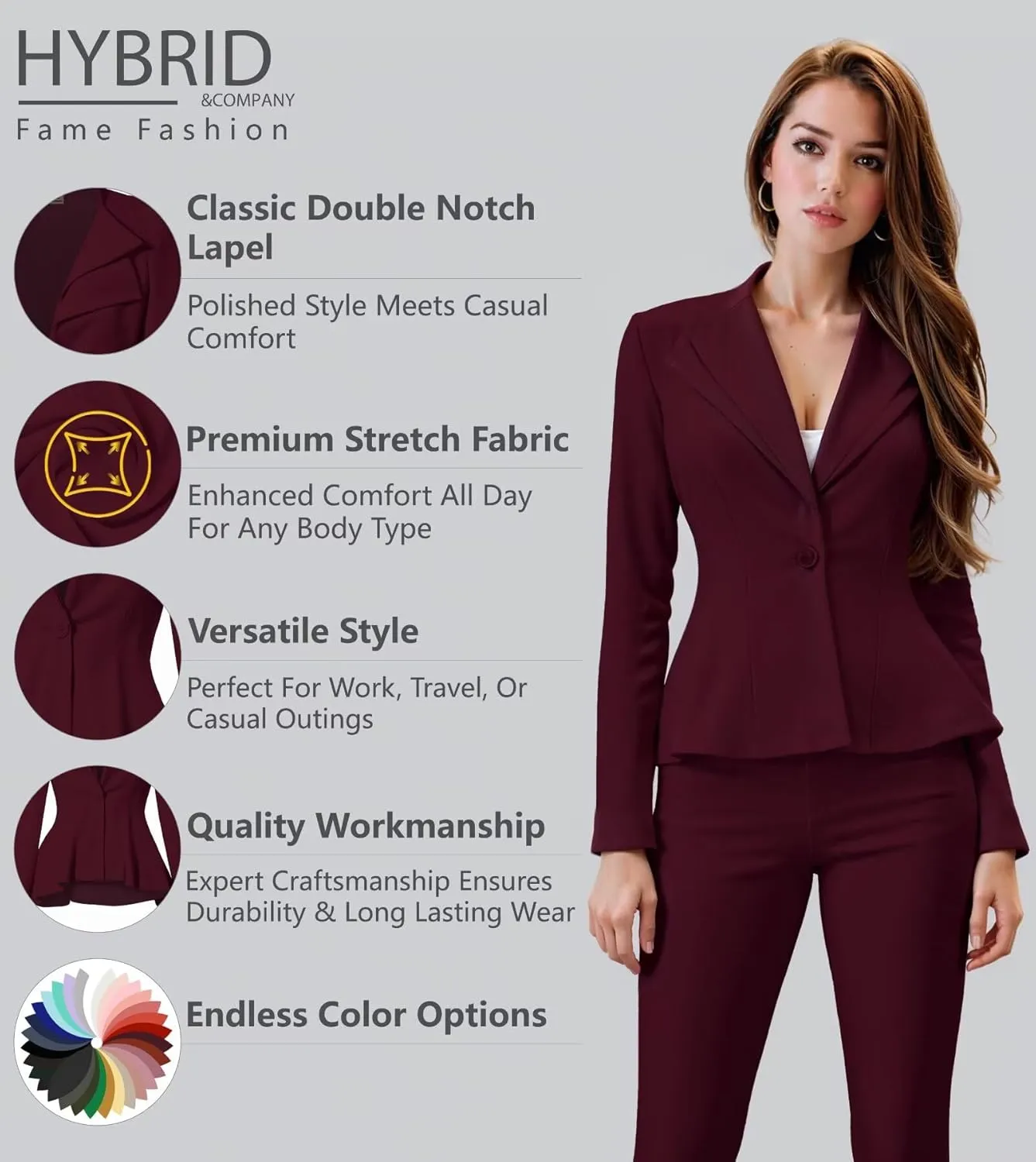 Hybrid & Company Women's Casual Work Office Dressy Double Lapel Single Button Peplum Comfortable Blazer