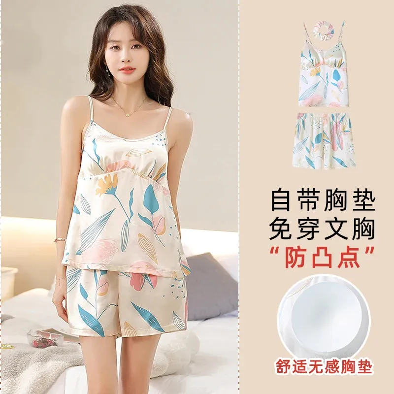Loose M-4XL Women silk Suspenders Suit   Headband Sleepwear Ladies Pajama Sets With Chest Pad Floral Homewear