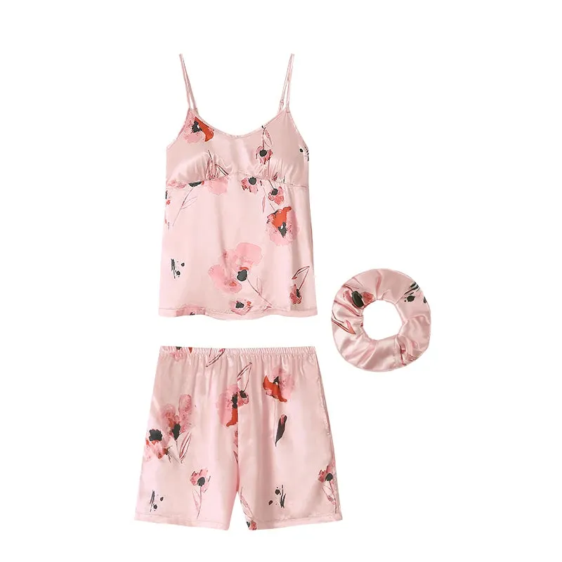 Loose M-4XL Women silk Suspenders Suit   Headband Sleepwear Ladies Pajama Sets With Chest Pad Floral Homewear