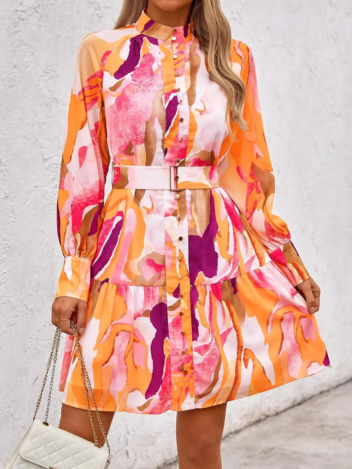 MASCOMODA Fall Dresses for Women 2024 Elegant Long Sleeve Button Short Floral Dress Chiffon A-Line Tie Waist Flowy Mini Dress
