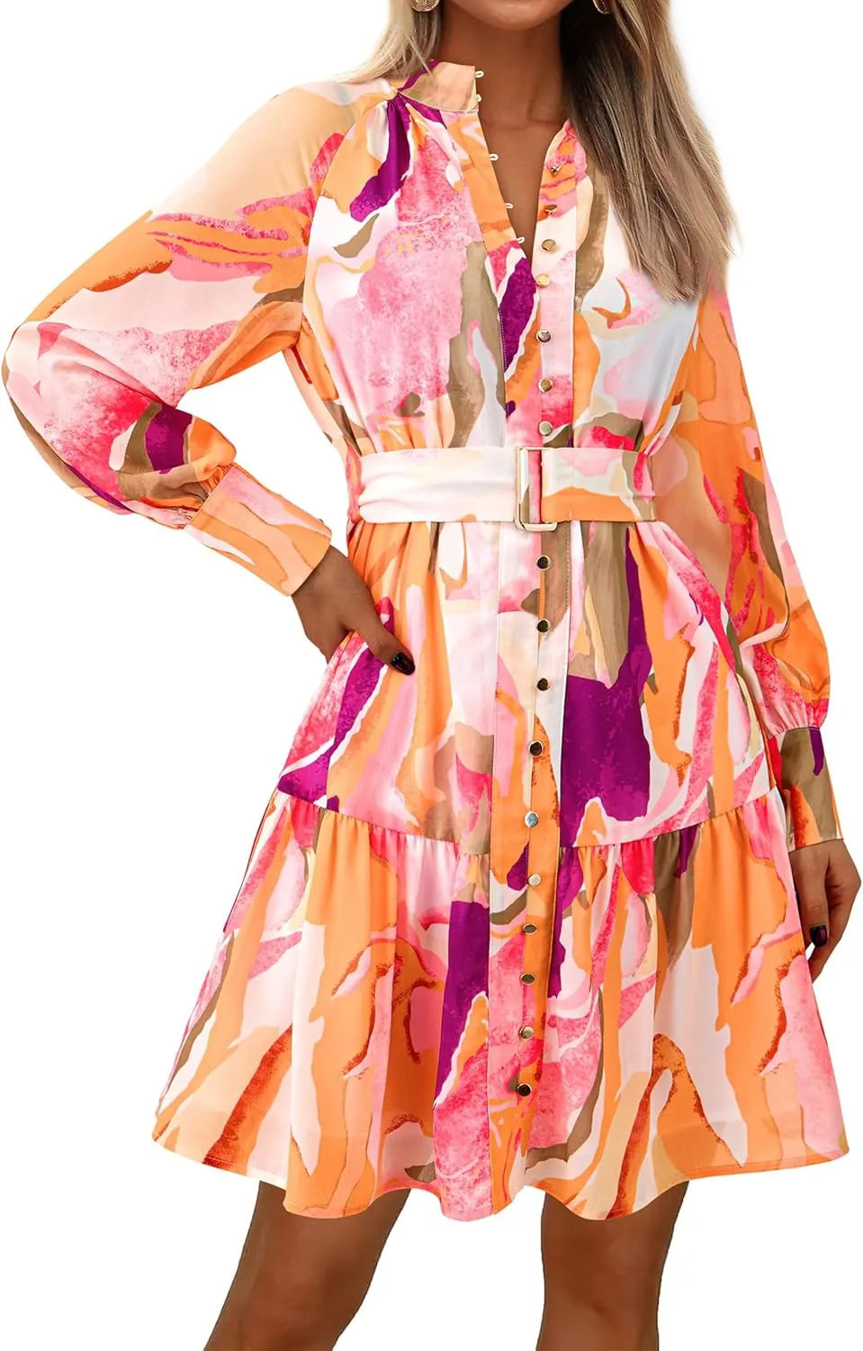 MASCOMODA Fall Dresses for Women 2024 Elegant Long Sleeve Button Short Floral Dress Chiffon A-Line Tie Waist Flowy Mini Dress