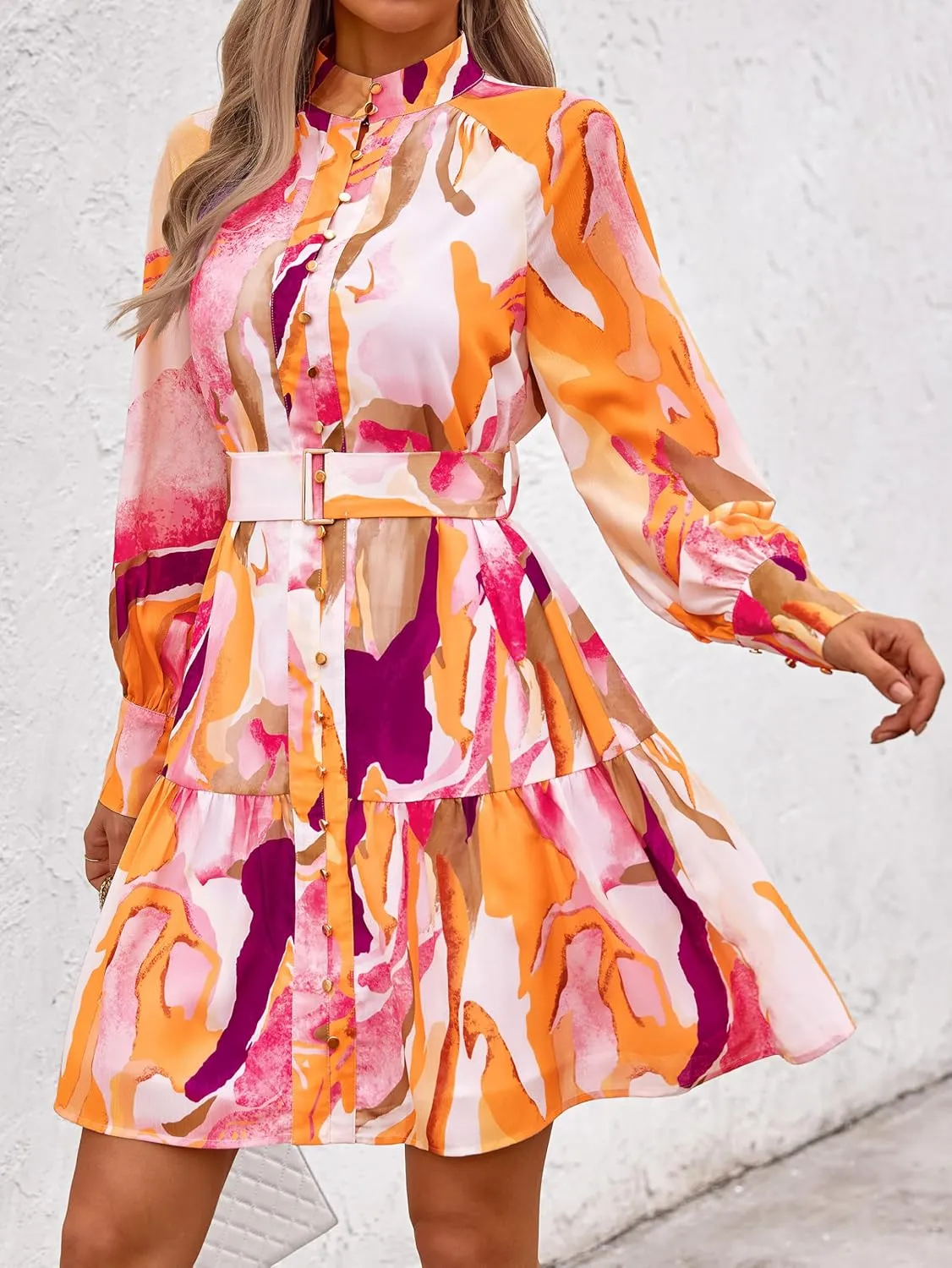 MASCOMODA Fall Dresses for Women 2024 Elegant Long Sleeve Button Short Floral Dress Chiffon A-Line Tie Waist Flowy Mini Dress