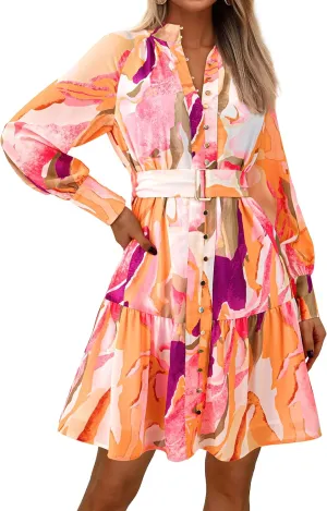 MASCOMODA Fall Dresses for Women 2024 Elegant Long Sleeve Button Short Floral Dress Chiffon A-Line Tie Waist Flowy Mini Dress