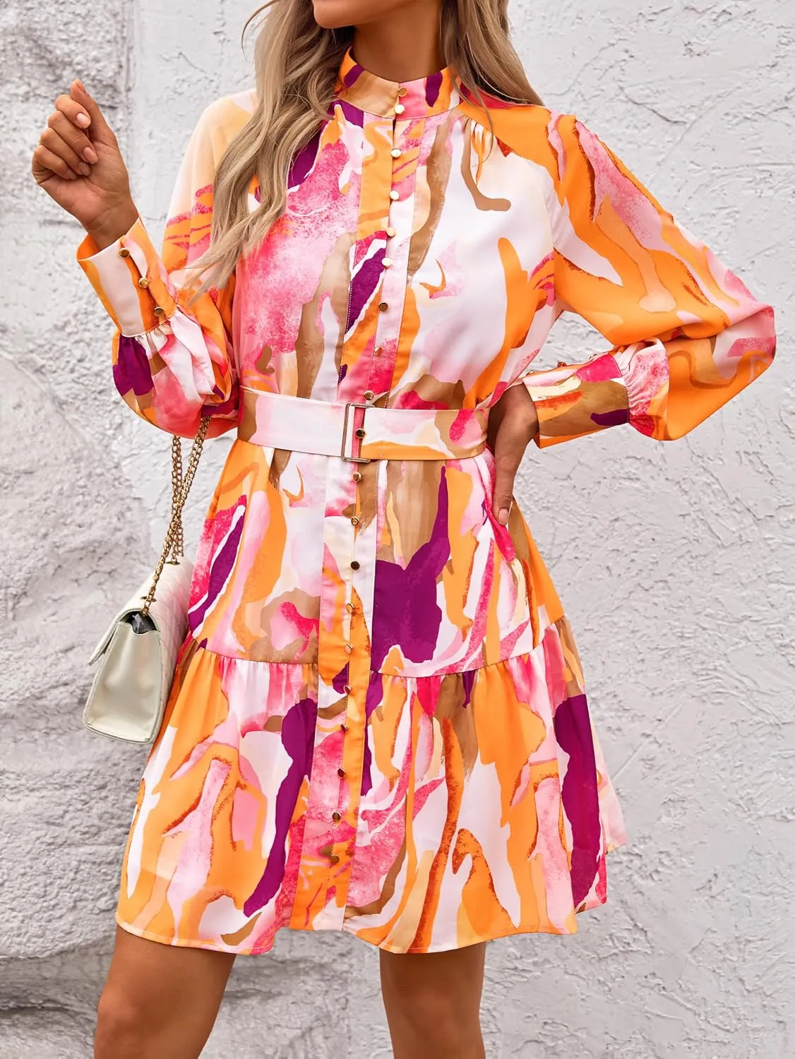 MASCOMODA Fall Dresses for Women 2024 Elegant Long Sleeve Button Short Floral Dress Chiffon A-Line Tie Waist Flowy Mini Dress