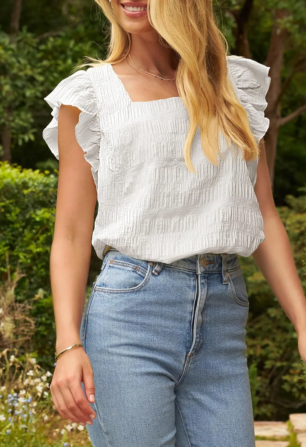 MEROKEETY Women's 2025 Summer Ruffle Cap Sleeve Blouse Square Neck Textured Shirt Dressy Casual Tops