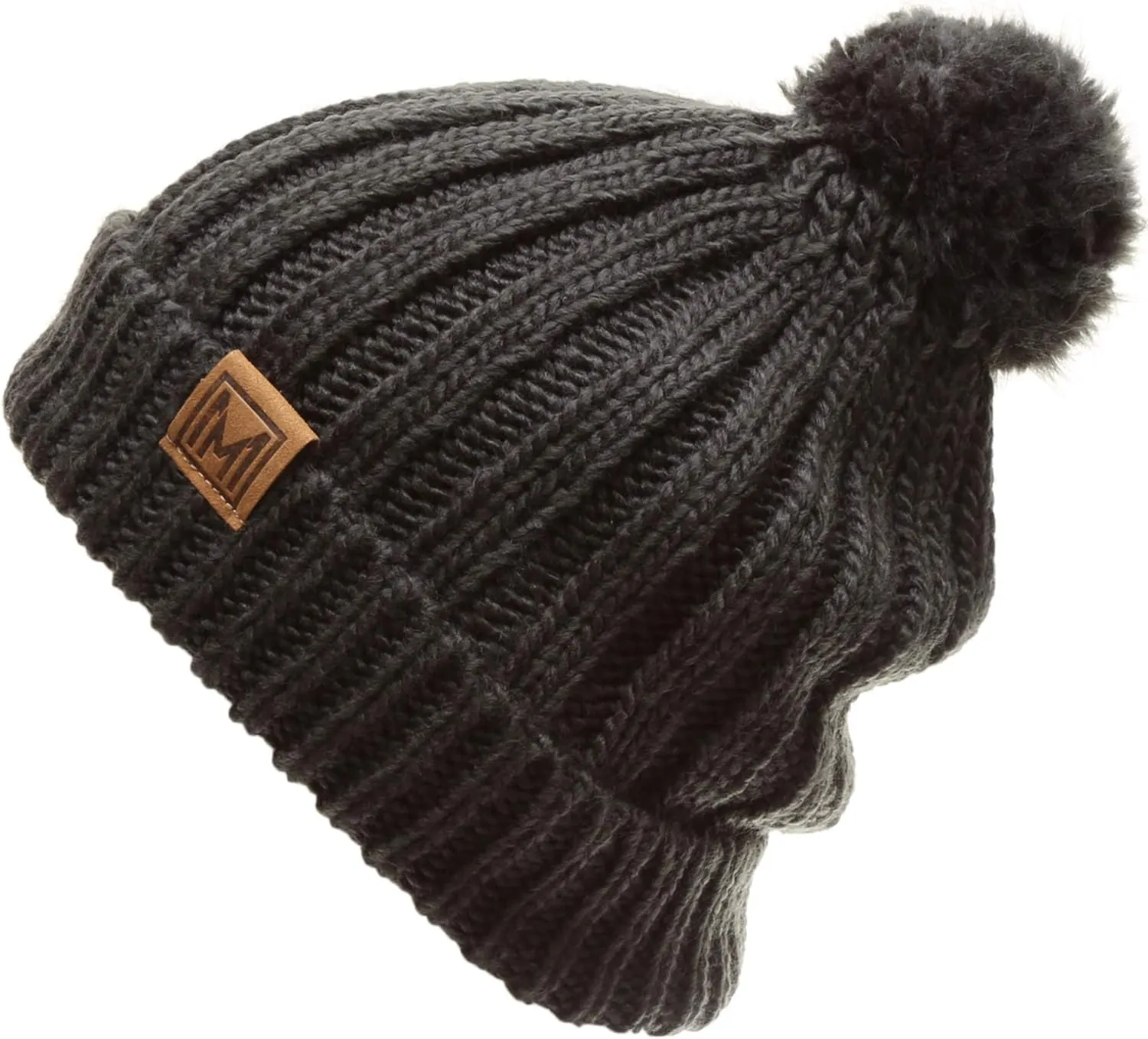 MIRMARU Women's Oversized Chunky Soft Warm Rib Knit Pom Pom Beanie Hat with Sherpa Lined