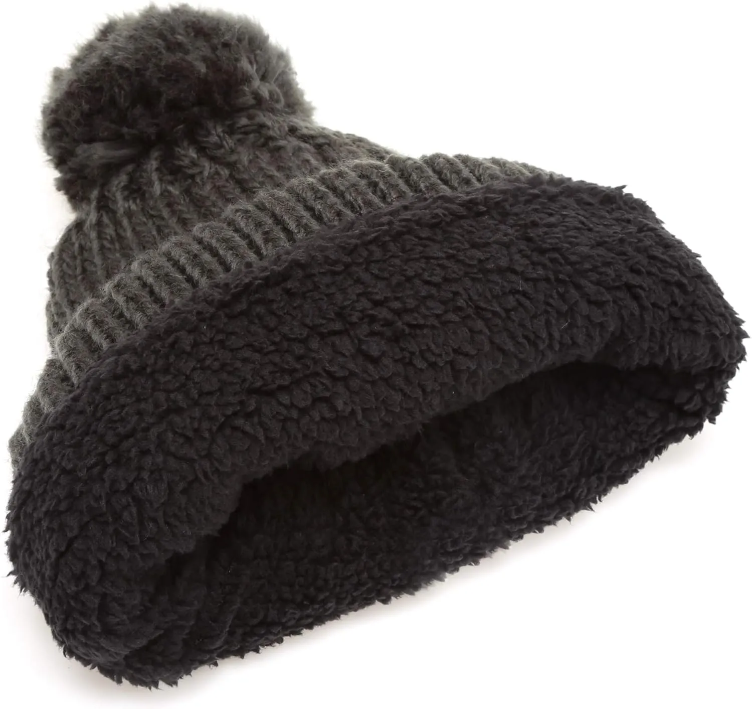MIRMARU Women's Oversized Chunky Soft Warm Rib Knit Pom Pom Beanie Hat with Sherpa Lined