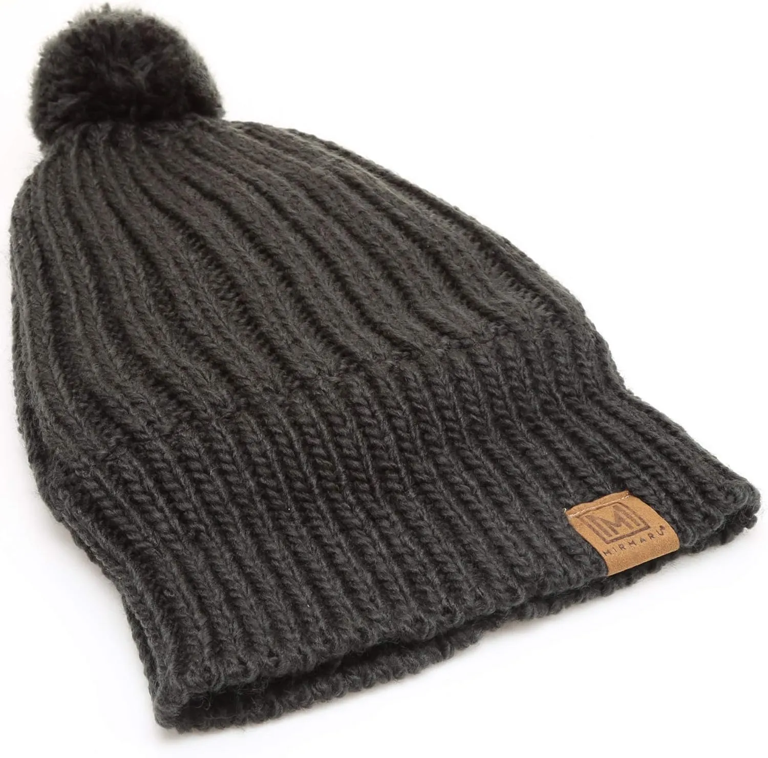 MIRMARU Women's Oversized Chunky Soft Warm Rib Knit Pom Pom Beanie Hat with Sherpa Lined