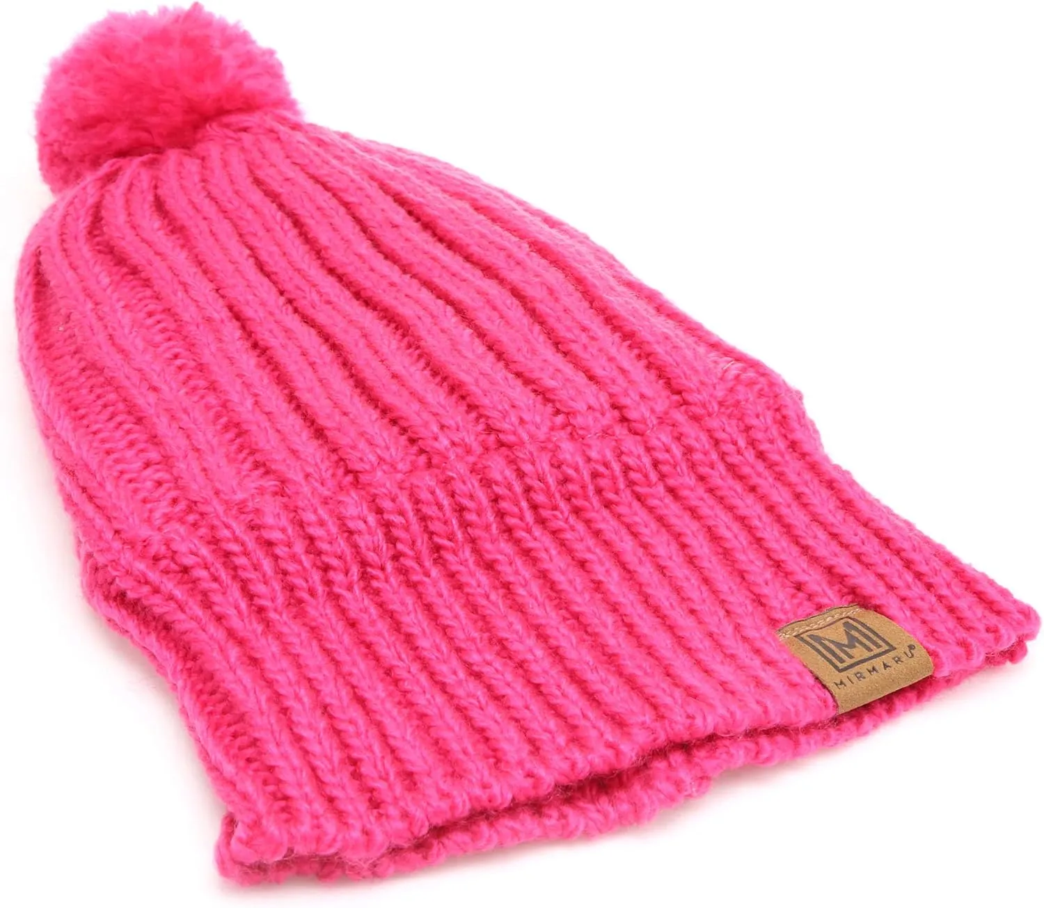 MIRMARU Women's Oversized Chunky Soft Warm Rib Knit Pom Pom Beanie Hat with Sherpa Lined