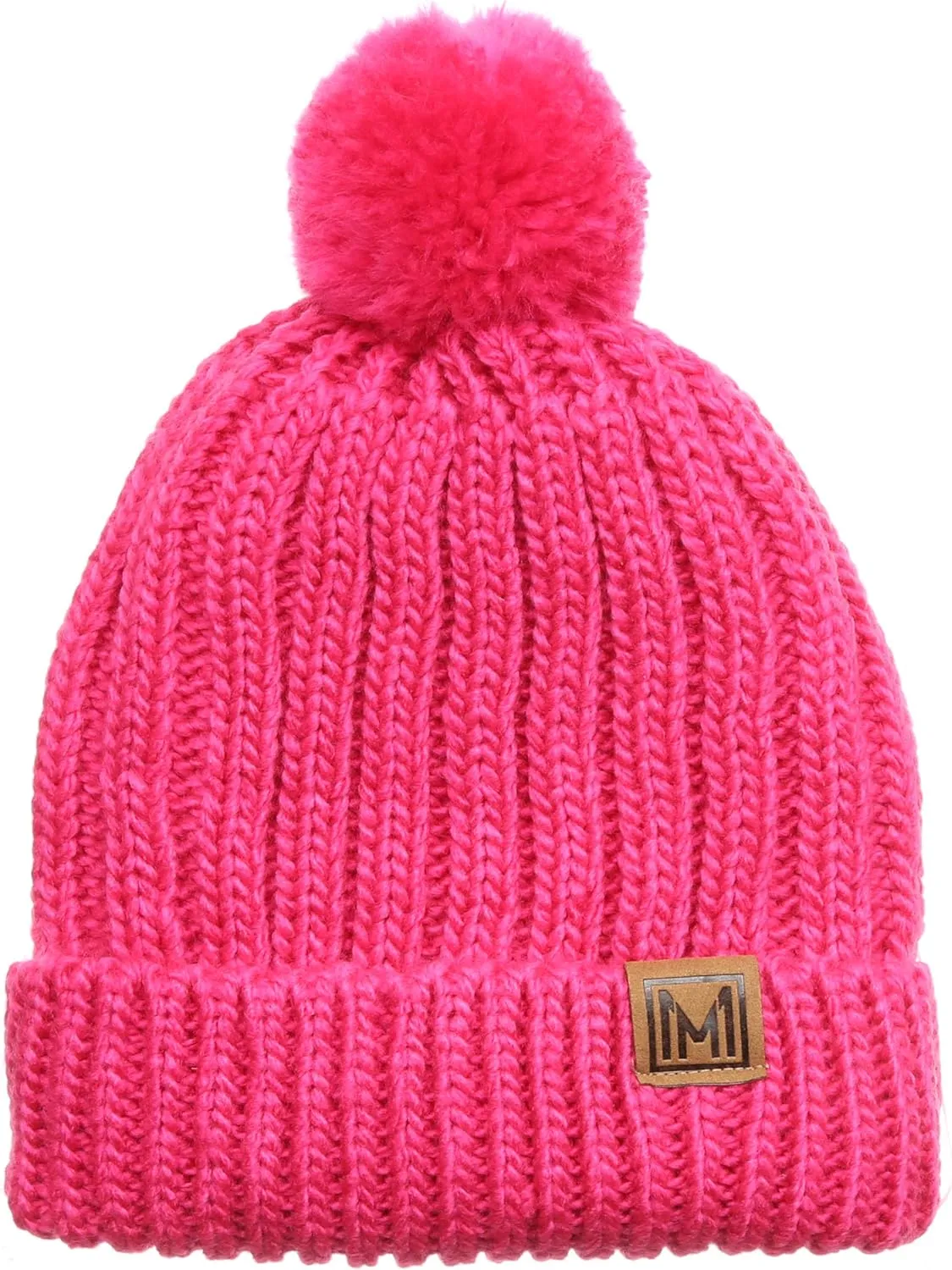 MIRMARU Women's Oversized Chunky Soft Warm Rib Knit Pom Pom Beanie Hat with Sherpa Lined