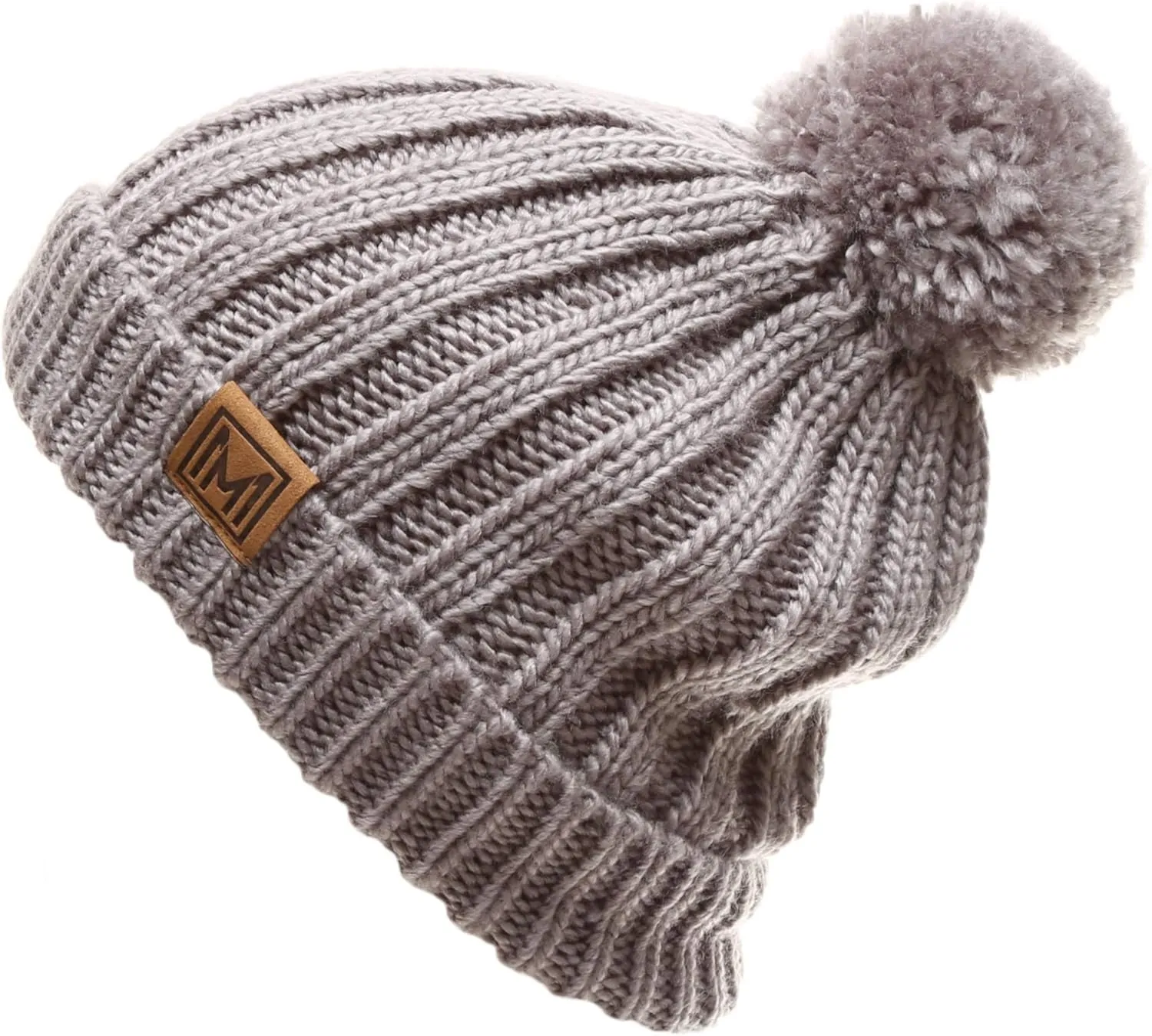 MIRMARU Women's Oversized Chunky Soft Warm Rib Knit Pom Pom Beanie Hat with Sherpa Lined