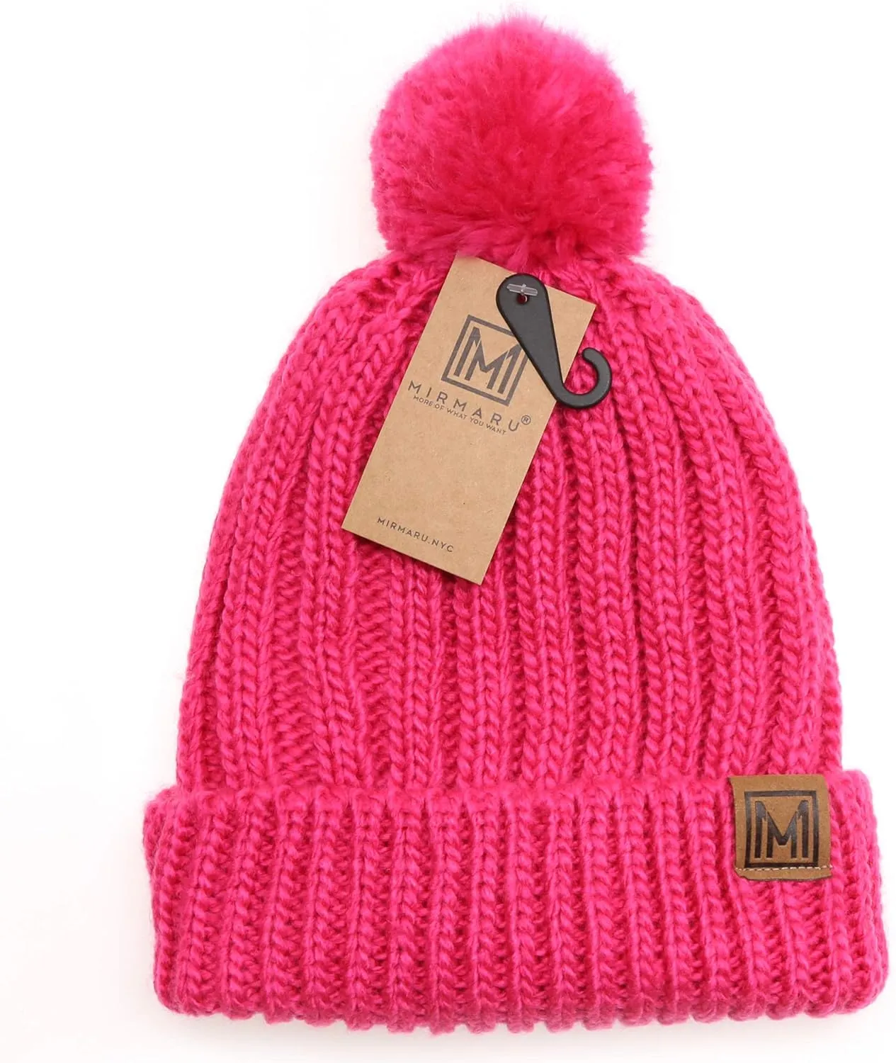 MIRMARU Women's Oversized Chunky Soft Warm Rib Knit Pom Pom Beanie Hat with Sherpa Lined