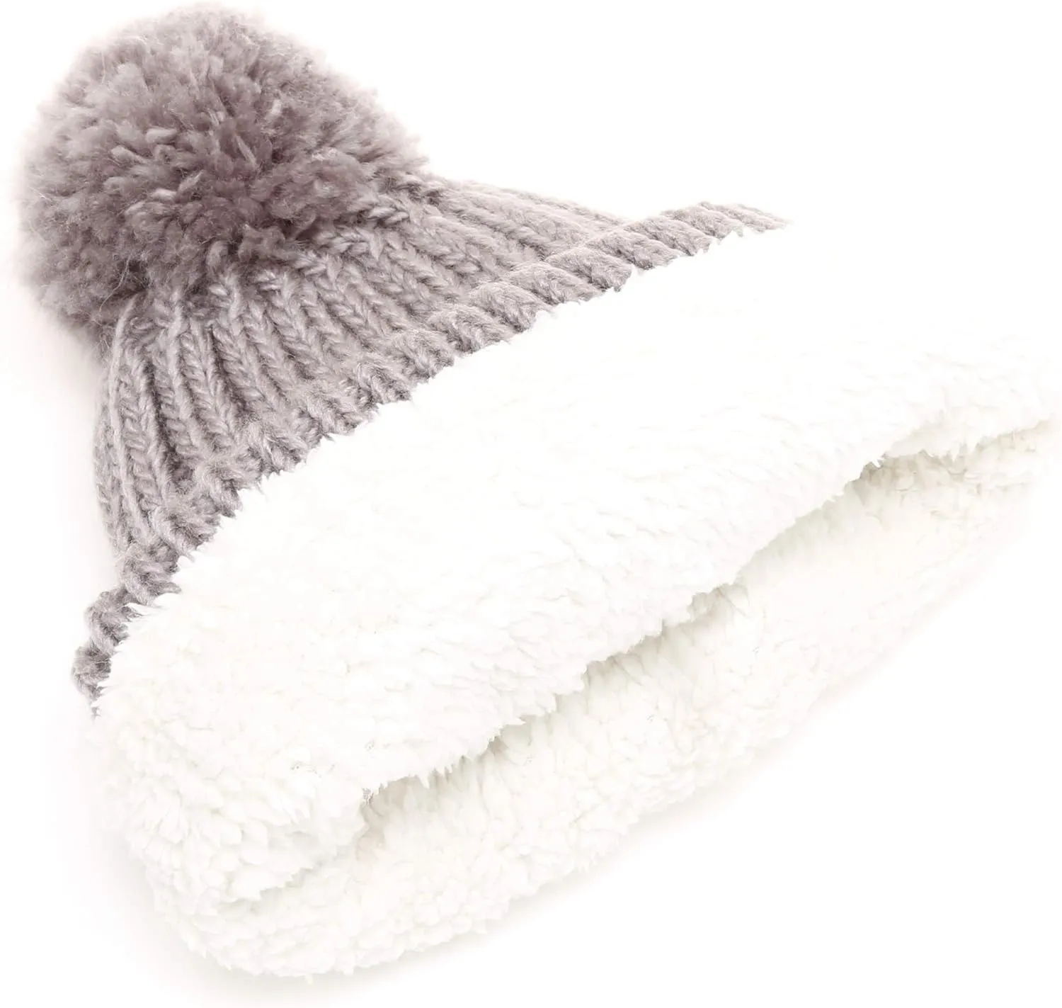 MIRMARU Women's Oversized Chunky Soft Warm Rib Knit Pom Pom Beanie Hat with Sherpa Lined