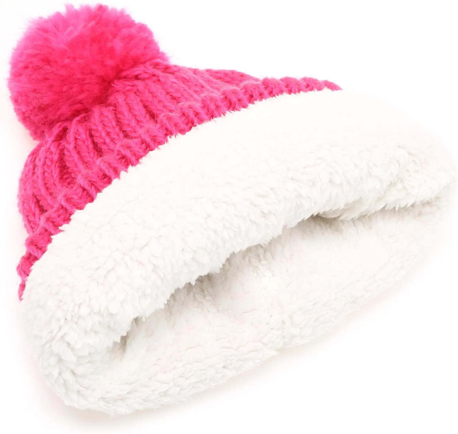 MIRMARU Women's Oversized Chunky Soft Warm Rib Knit Pom Pom Beanie Hat with Sherpa Lined