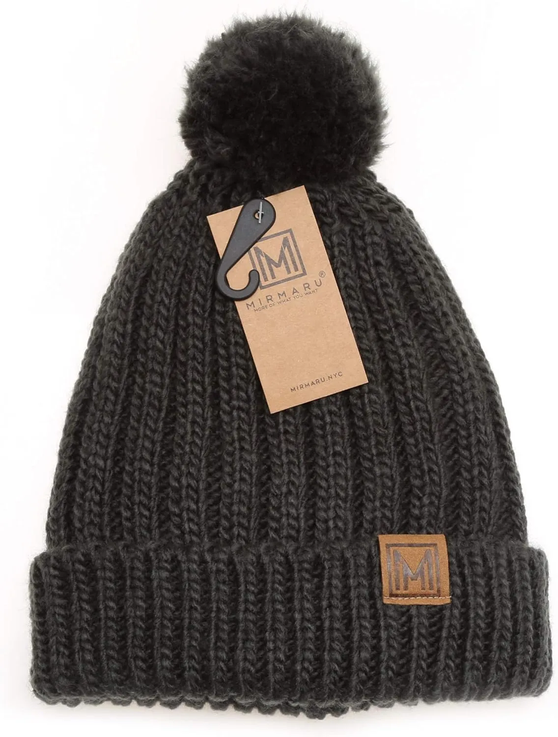 MIRMARU Women's Oversized Chunky Soft Warm Rib Knit Pom Pom Beanie Hat with Sherpa Lined