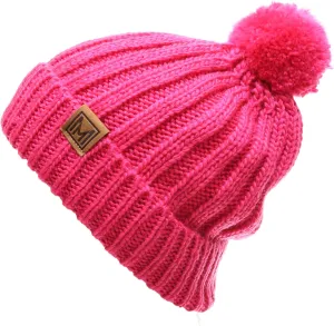 MIRMARU Women's Oversized Chunky Soft Warm Rib Knit Pom Pom Beanie Hat with Sherpa Lined