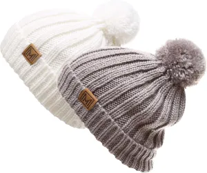 MIRMARU Women's Oversized Chunky Soft Warm Rib Knit Pom Pom Beanie Hat with Sherpa Lined