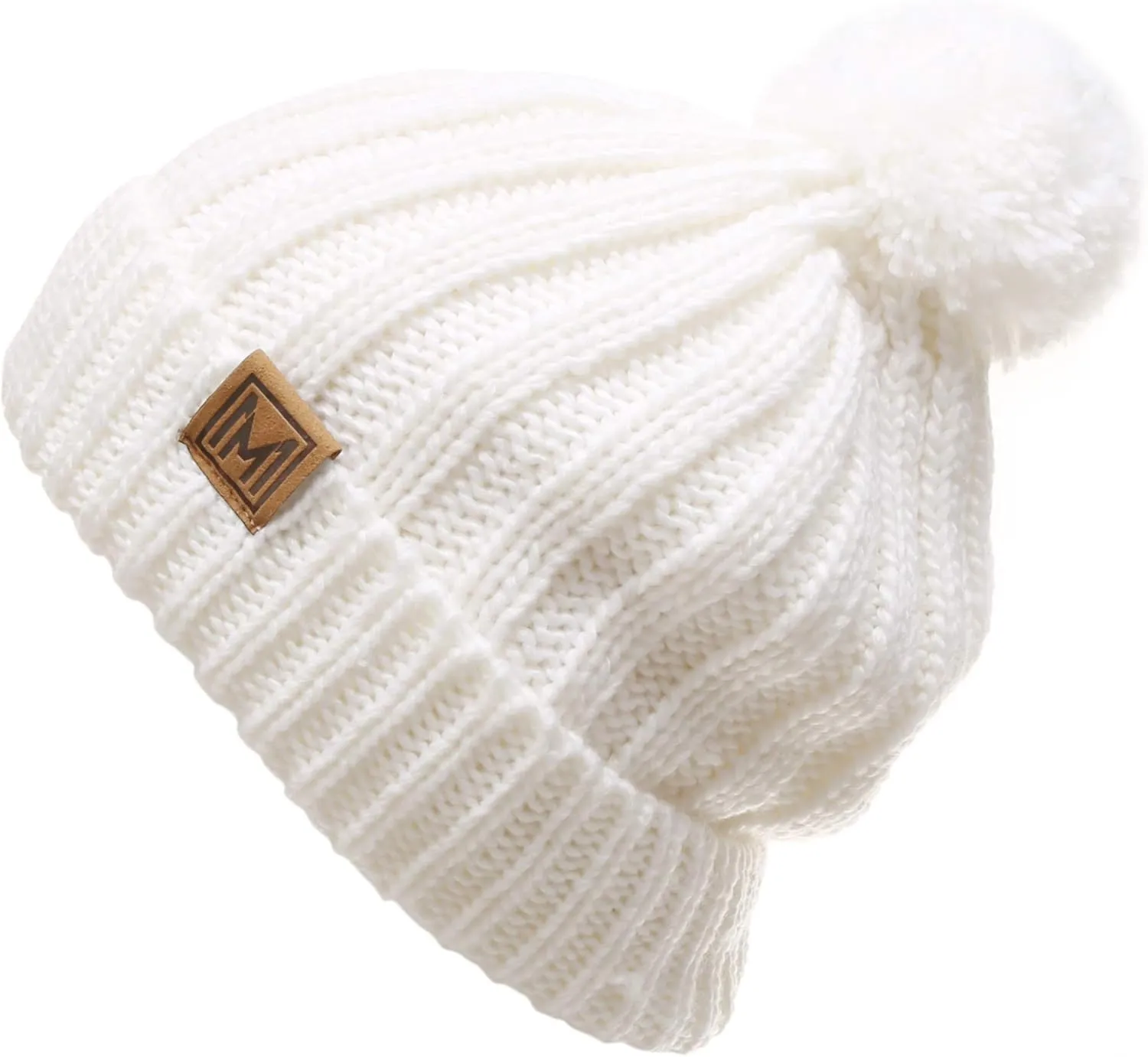 MIRMARU Women's Oversized Chunky Soft Warm Rib Knit Pom Pom Beanie Hat with Sherpa Lined
