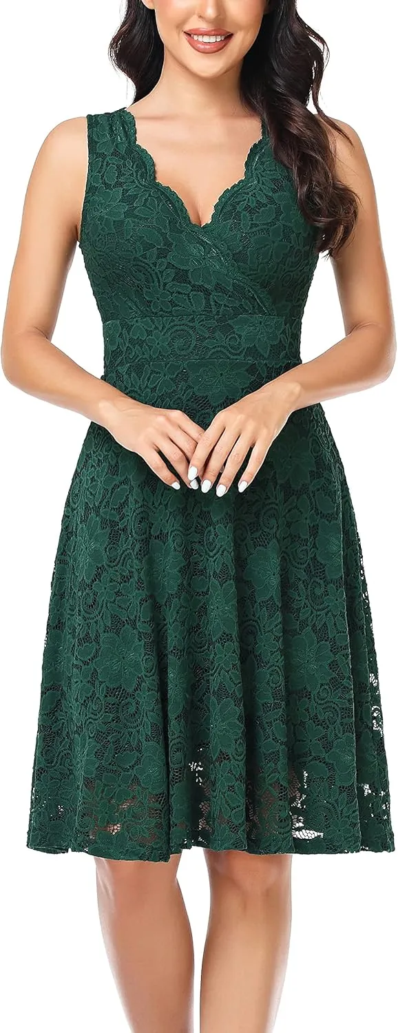 MISS MOLY Women's Floral Lace Overlay Fit and Flare Dress Sexy V-Neck Knee Length Elegant Party Wedding Dress