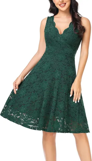 MISS MOLY Women's Floral Lace Overlay Fit and Flare Dress Sexy V-Neck Knee Length Elegant Party Wedding Dress