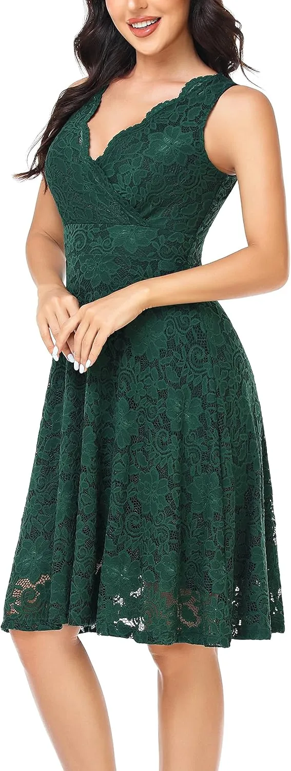 MISS MOLY Women's Floral Lace Overlay Fit and Flare Dress Sexy V-Neck Knee Length Elegant Party Wedding Dress